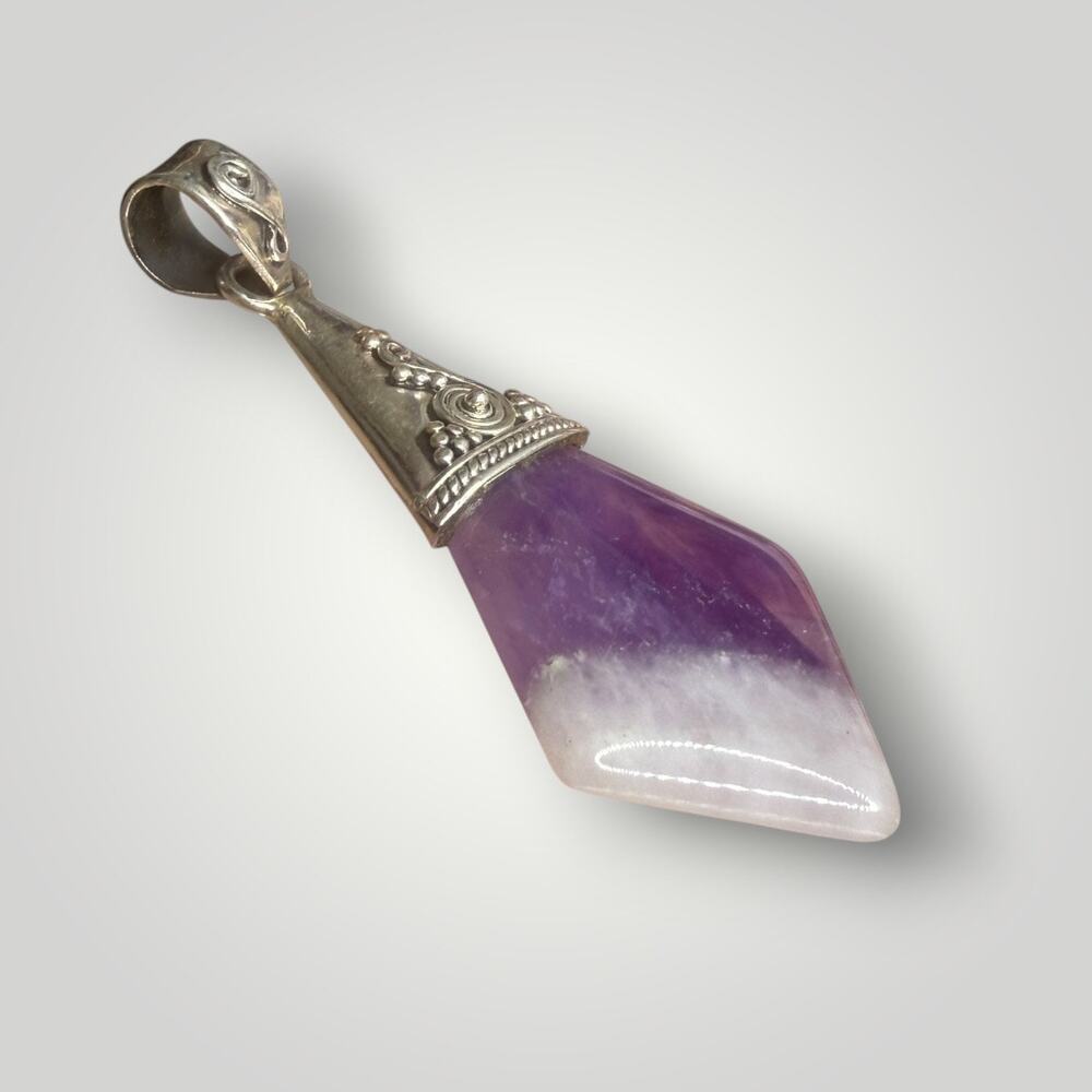 Vintage Sterling Silver 925 Amethyst Quartz Pendant Boho Artisan Purple Stone - Picture 2 of 9
